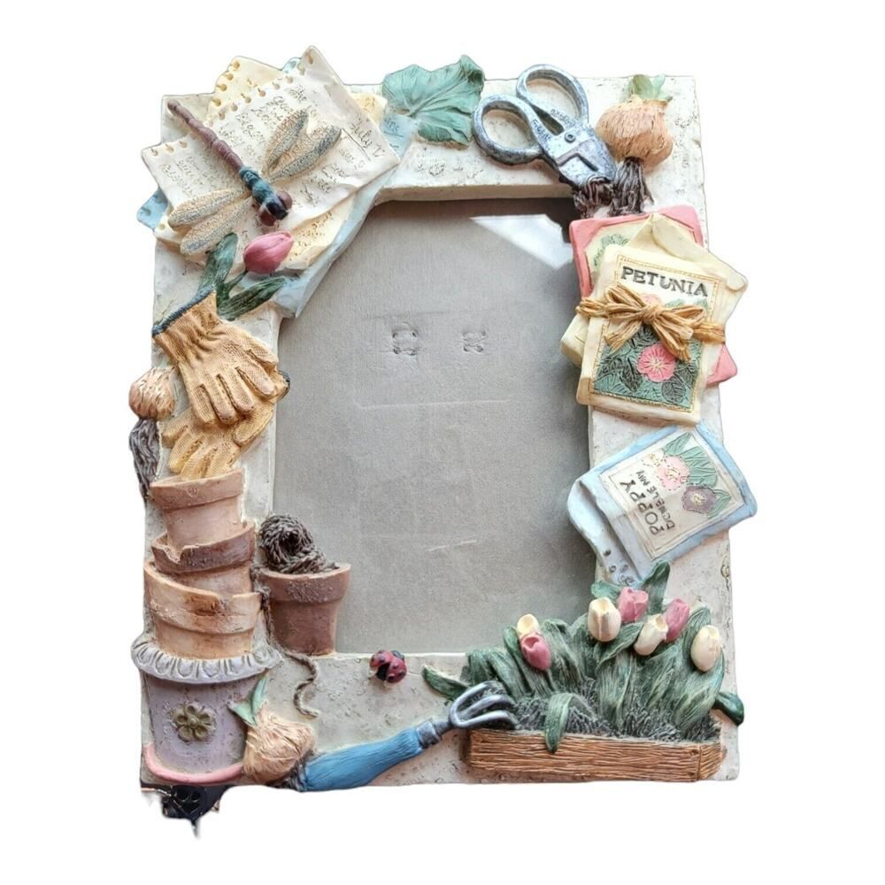 Gardening Themed Picture Frame 4.5x3” Photo Dragonfly Flowers Ladybug Tulips